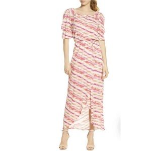 New Fraiche by J Moga Print Pink Maxi Wrap Dress Size M Watercolor Short Sleeve